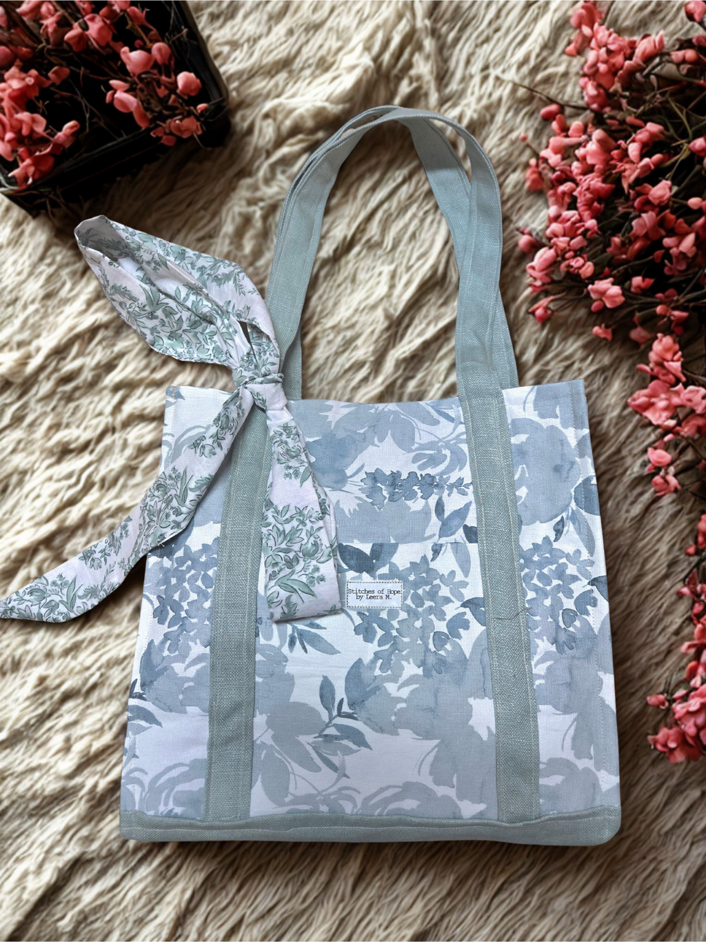 Sage Blossom Tote – Handmade Floral Canvas Bag