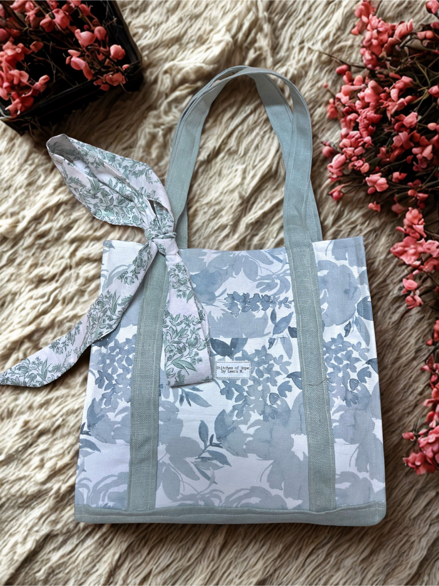 Sage Blossom Tote – Handmade Floral Canvas Bag